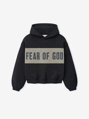 Kids Cropped Relaxed Panelled Hoodie in a deep charcoal tone, featuring a broad contrasting panel across the chest with bold "Fear of God" lettering for a stylish kids outerwear top.