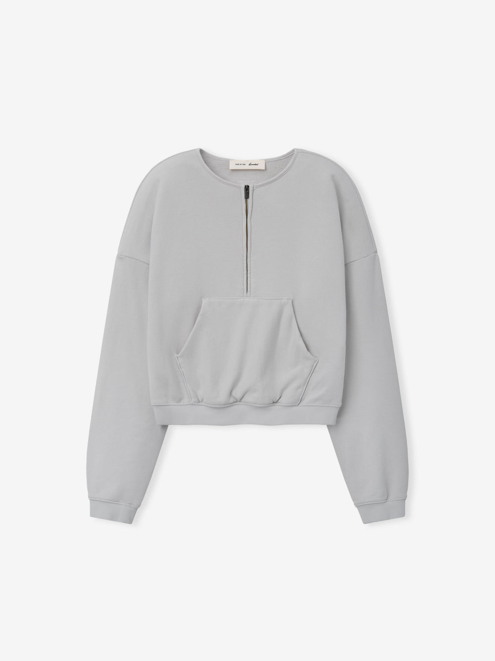 Womens French Terry Relaxed Half Zip in a soft washed overcast grey, featuring a half-zip front, crew neckline, kangaroo pocket, and ribbed cuffs for a cozy casual top.