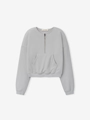Womens French Terry Relaxed Half Zip in a soft washed overcast grey, featuring a half-zip front, crew neckline, kangaroo pocket, and ribbed cuffs for a cozy casual top.