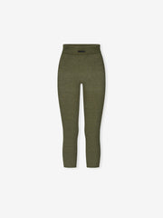 Womens Rib Knit Capri in a soft moss green shade, featuring a high-rise waist and stretchy ribbed knit fabric for a fitted, comfortable casual bottom.