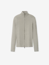 Womens Rib Knit Zip Up Jacket in a soft dove grey, featuring a fine ribbed texture with a high collar and a full-length zipper for a clean, modern outerwear look.