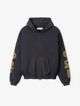 90'S Zip-Up Hoodie in a faded iron grey shade featuring a full front zipper, roomy hood, ribbed cuffs and hem, front pouch pocket, and bold graphic print along the sleeves for casual outerwear.