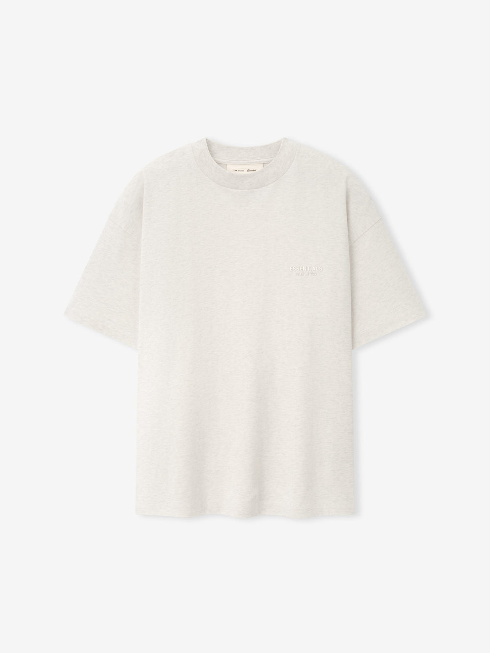 Essentials FW26 Classic Tee in off white shown flat with short sleeves crew neckline and subtle tonal chest logo on a clean background Tops