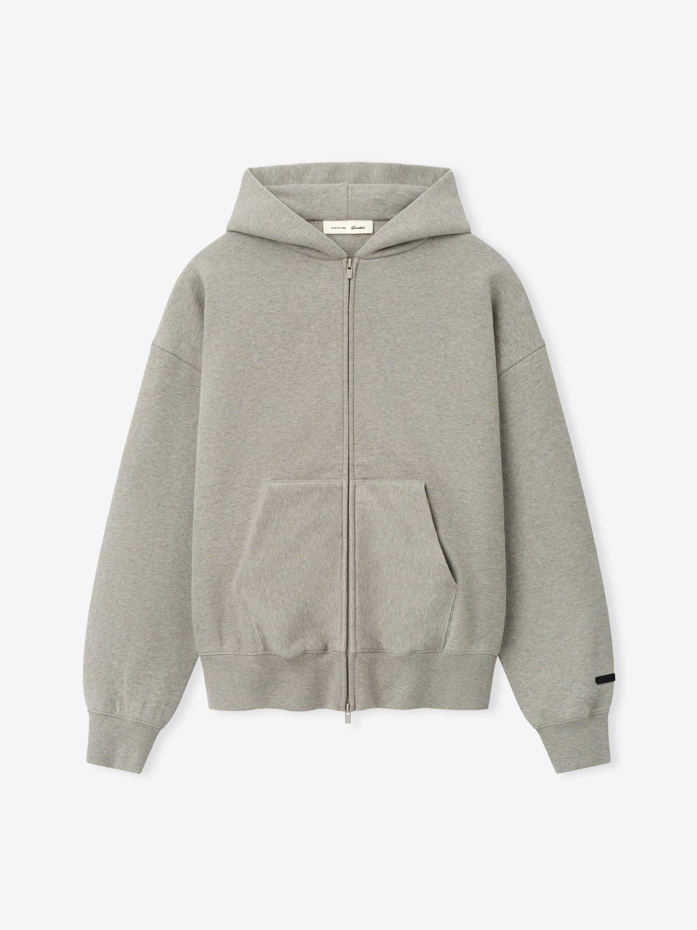 Essentials FW26 Classic Zip-Up Hoodie in heather gray shown flat with full zip closure hood kangaroo pockets ribbed cuffs and hem and sleeve logo detail Tops