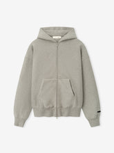 Essentials FW26 Classic Zip-Up Hoodie in heather gray shown flat with full zip closure hood kangaroo pockets ribbed cuffs and hem and sleeve logo detail Tops