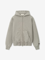 Essentials FW26 Classic Zip-Up Hoodie in heather gray shown flat with full zip closure hood kangaroo pockets ribbed cuffs and hem and sleeve logo detail Tops