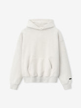 Essentials FW26 Classic Hoodie in heather gray shown flat with a pullover hood kangaroo pocket ribbed cuffs and hem and subtle sleeve logo detail Tops