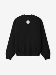 Steelers 90s Relaxed Crewneck black sweatshirt with small Pittsburgh Steelers logo at chest ribbed cuffs and hem shown as a Tops product view