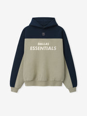 Cowboys 90s Relaxed Hoodie navy and stone color block pullover with Dallas Essentials collegiate lettering and ribbed cuffs shown as a Tops product view