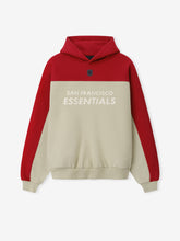 49ers 90s Relaxed Hoodie in red and cream with San Francisco Essentials lettering and NFL shield on a color blocked fleece design as a Tops product view