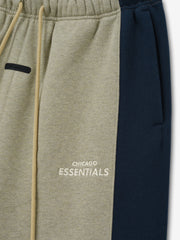 Bears Lounge Sweatpant close up in taupe fleece with navy side panel elastic drawstring waist black zip pocket and Chicago Essentials logo as a Bottoms product detail