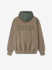Back view of brown FAMU Sport Hoodie with green hood and centered "FEAR OF GOD RATTLERS" text, file w0rKXx6w.jpg