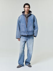 men's classic blue indigo lapelless denim jacket with relaxed fit and strong shoulder construction