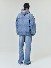 back view of men's classic blue indigo denim jacket with relaxed fit and slightly dropped shoulders