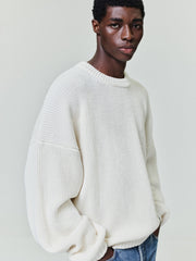 men's cream double knit linen wool cotton crewneck sweater with relaxed fit and textured stitch pattern