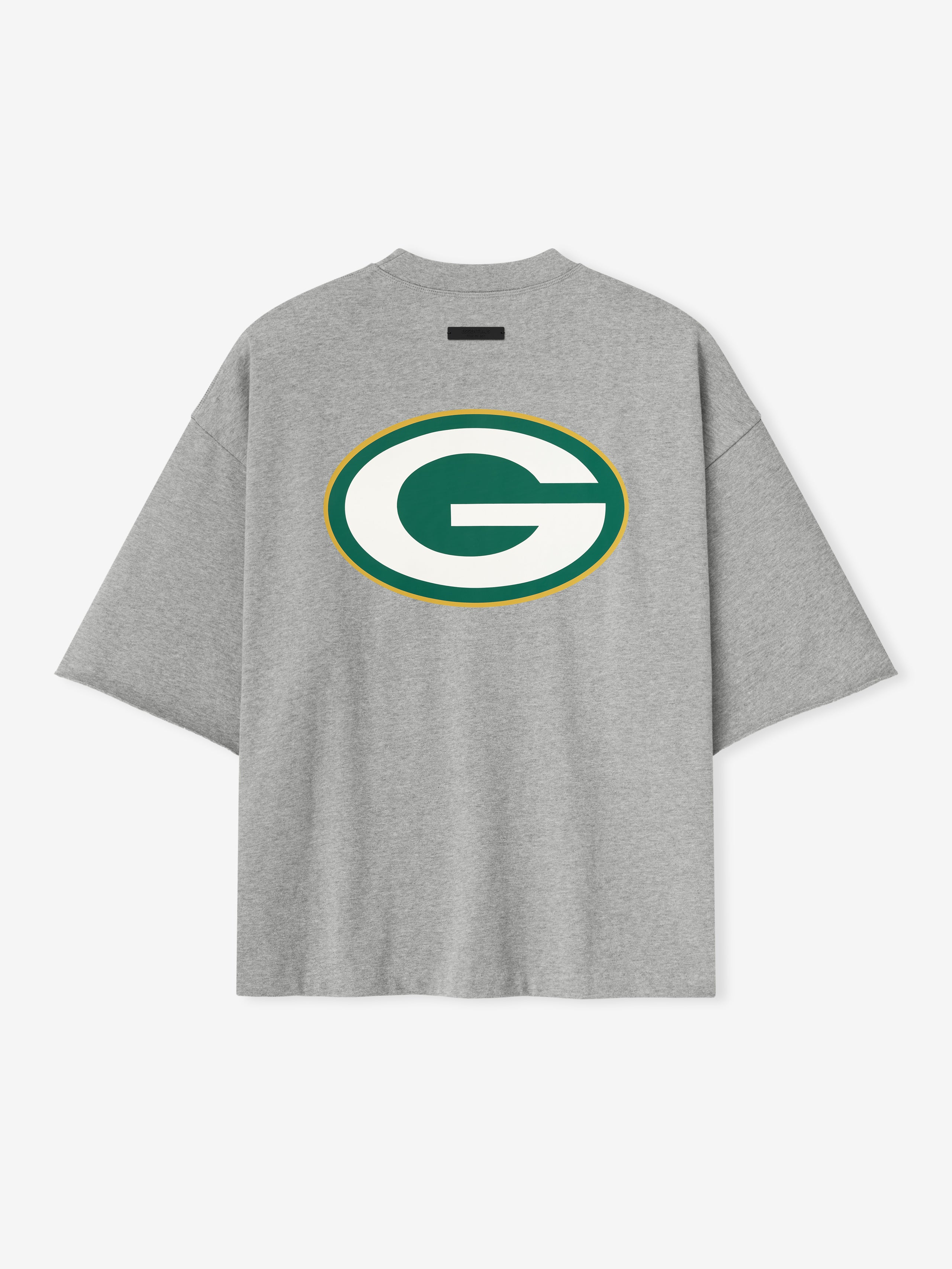 Back view of concrete heather Packers 90s 3/4 Sleeve Football Tee featuring large green and gold G logo centered