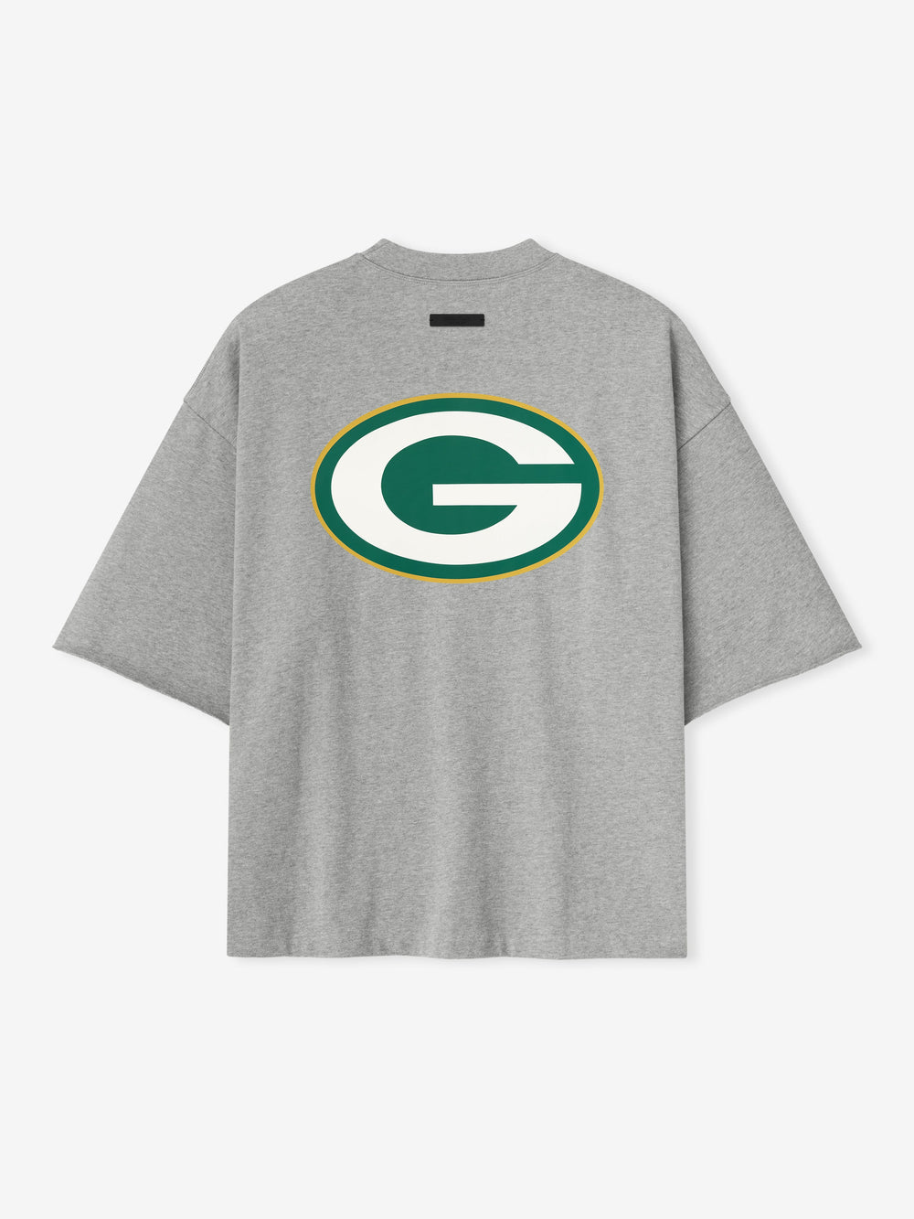 Back view of concrete heather Packers 90s 3/4 Sleeve Football Tee featuring large green and gold G logo centered