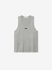 light grey rib-knit tank top for women with scoop neckline and minimalist black logo patch on chest