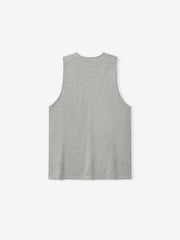 back view of women's light grey rib-knit tank with classic fit and sleeveless cut in soft cotton blend fabric