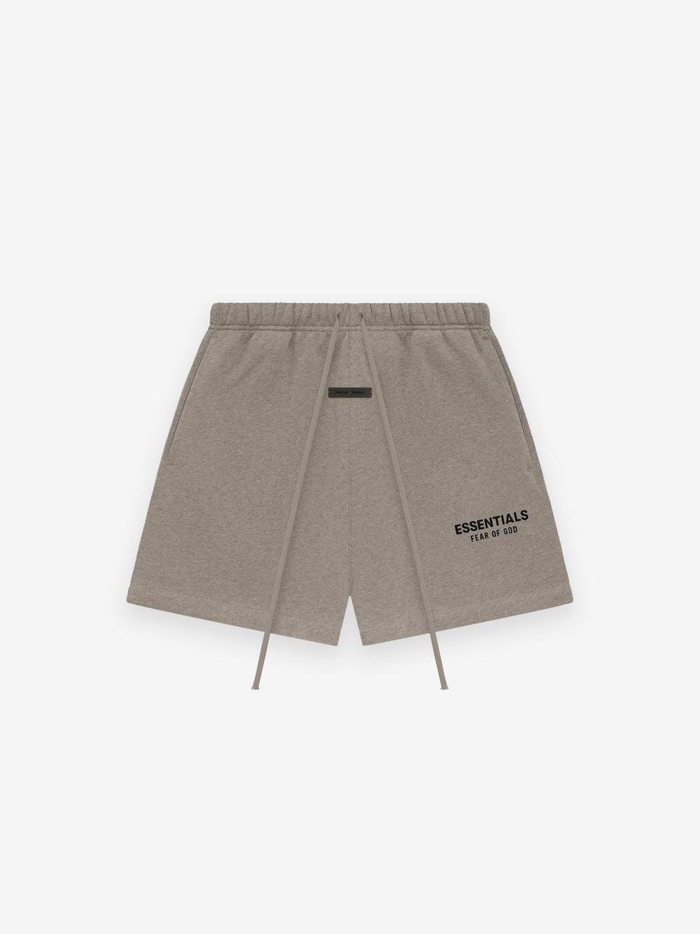 taupe Essentials sweatshorts made from thick core fleece with elastic waistband and Fear of God logo on leg