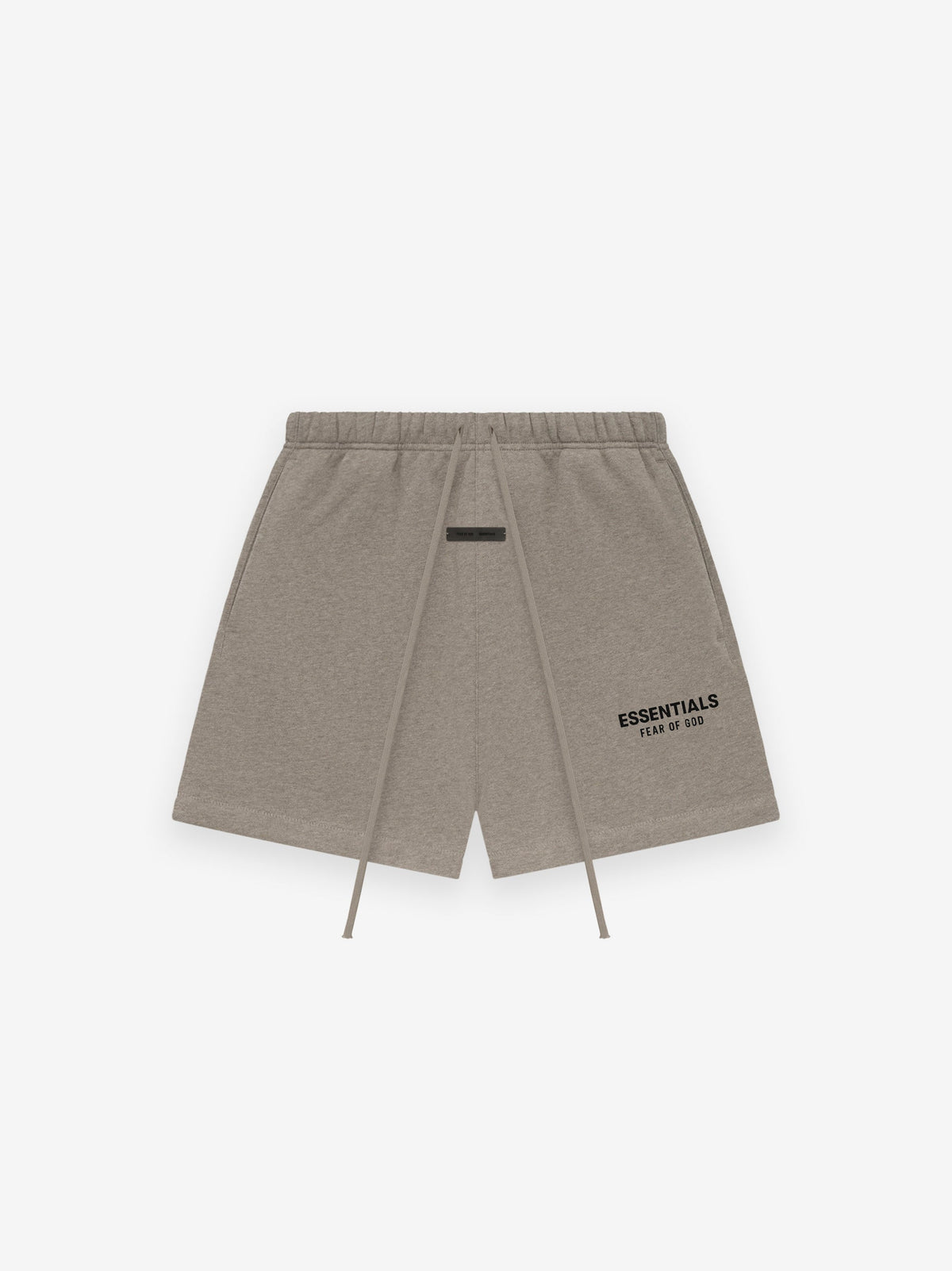 taupe Essentials sweatshorts made from thick core fleece with elastic waistband and Fear of God logo on leg