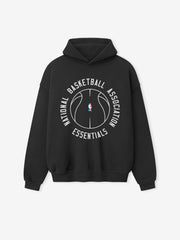 black heavyweight hoodie with white outlined basketball and circular National Basketball Association Essentials text on front