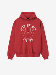 red heavyweight cotton hoodie with puff-printed Fear of God Sixers text and outlined basketball graphic on front center