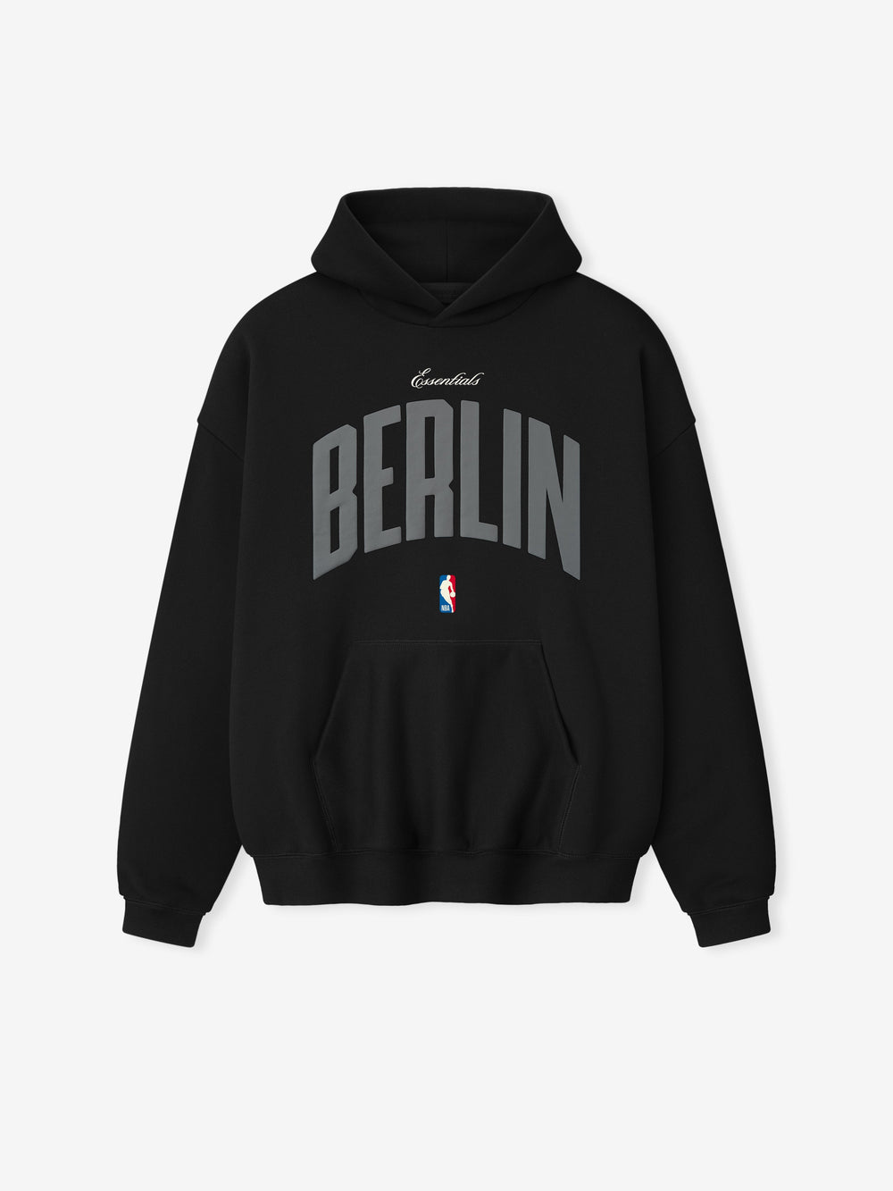 Front-facing black Berlin 90's Hoodie with large curved grey Berlin text and small NBA logo below pocket, gallery 0.