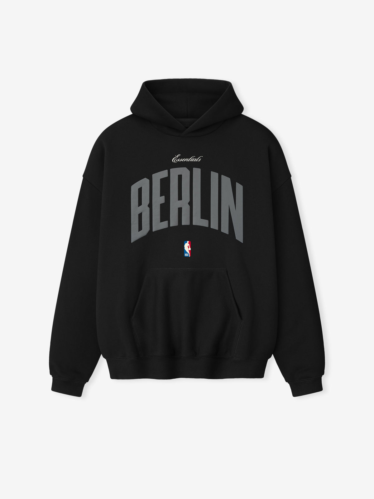 Front-facing black Berlin 90's Hoodie with large curved grey Berlin text and small NBA logo below pocket, gallery 0.