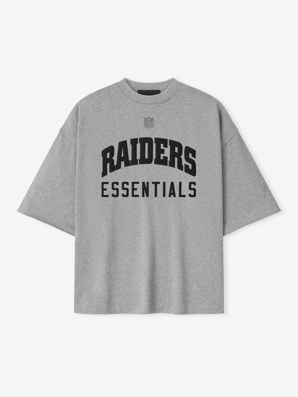 Front view of concrete heather Raiders 90s 3/4 Sleeve Football Tee with bold black Raiders Essentials text on chest