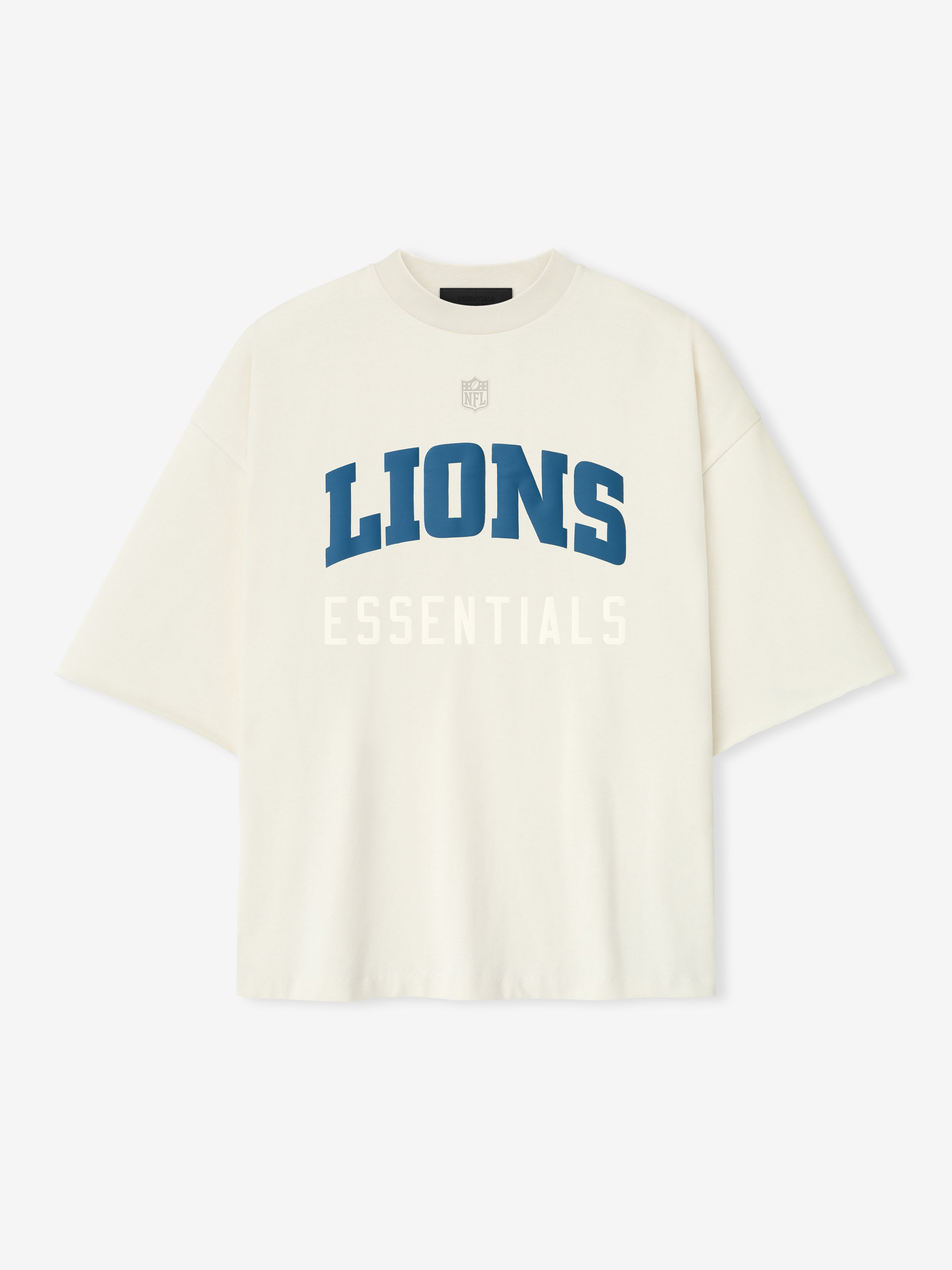 Front view of cream white Lions 90s 3/4 Sleeve Football Tee showing large blue Lions text and white Essentials below