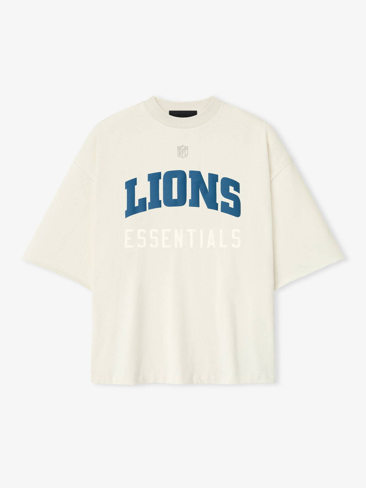 Front view of cream white Lions 90s 3/4 Sleeve Football Tee showing large blue Lions text and white Essentials below