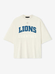 Front view of cream white Lions 90s 3/4 Sleeve Football Tee showing large blue Lions text and white Essentials below