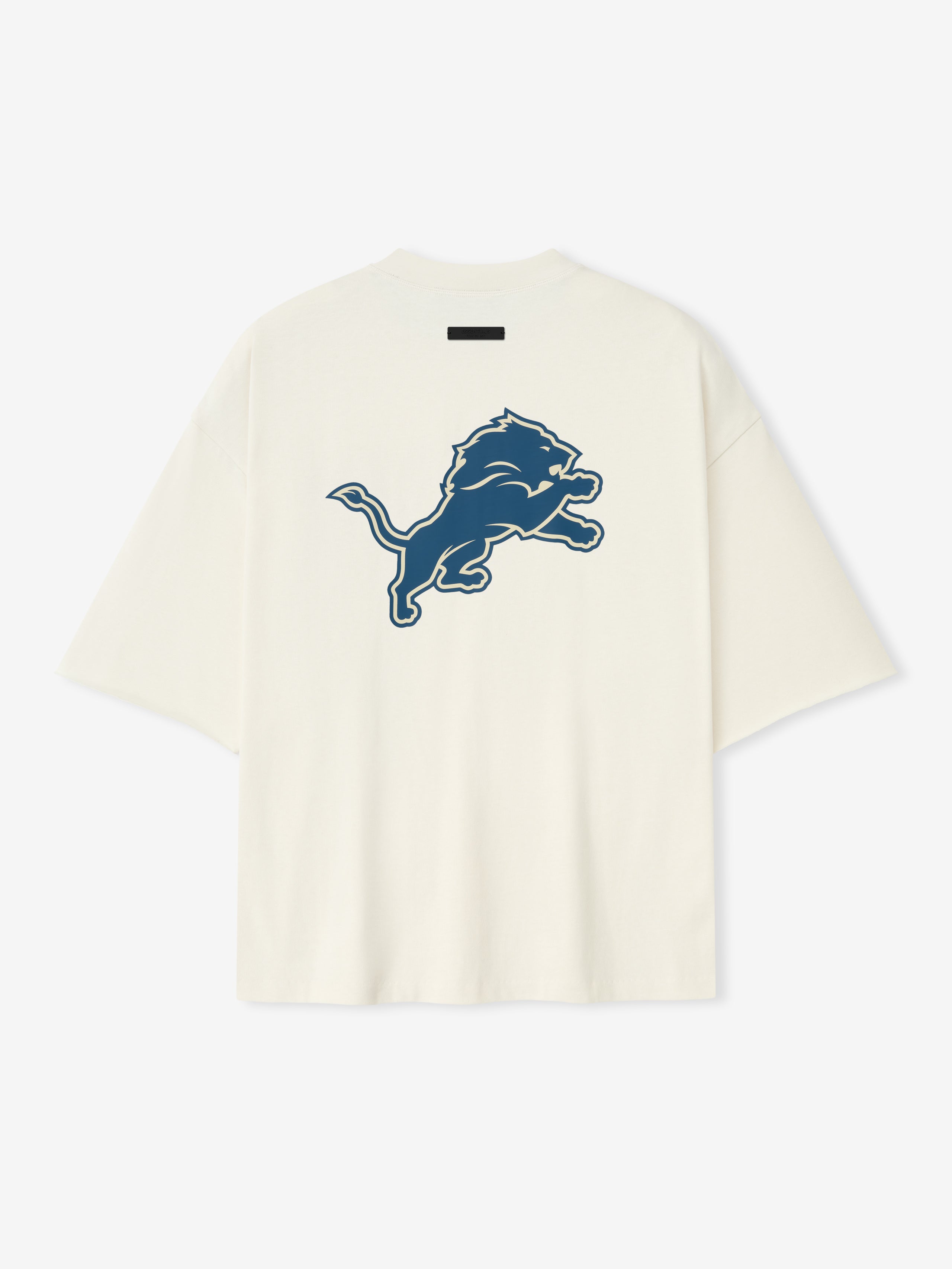 Back view of cream white Lions 90s 3/4 Sleeve Football Tee featuring large blue leaping lion graphic centered