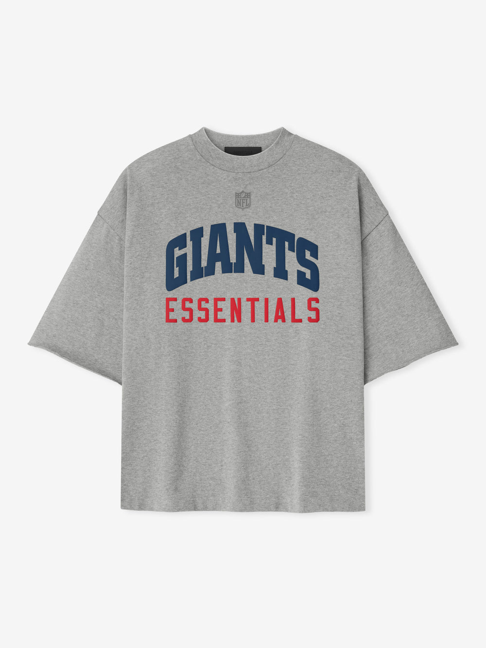 Front view of concrete heather Giants 90s 3/4 Sleeve Football Tee with navy Giants and red Essentials text centered