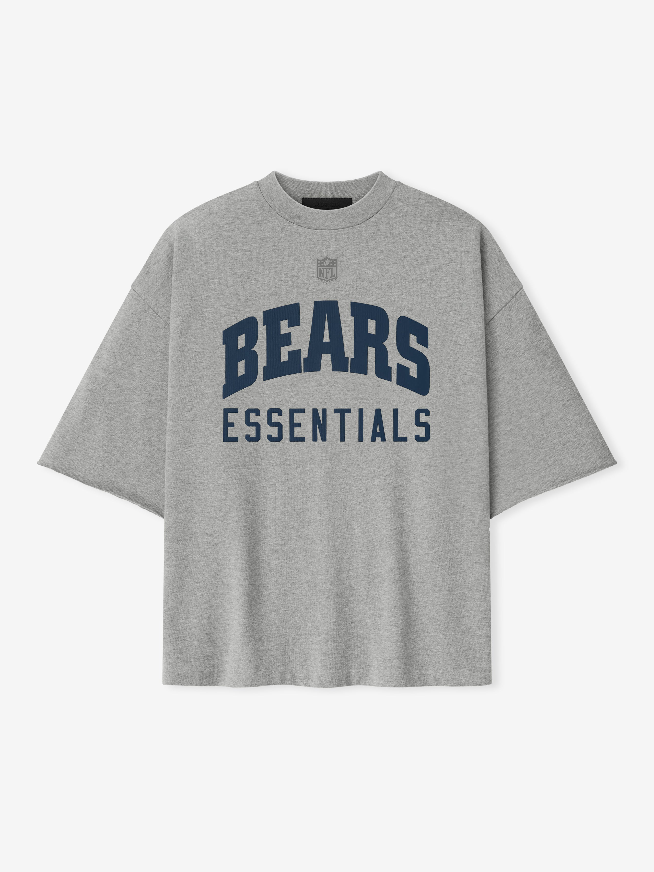 Front view of concrete heather Bears 90s 3/4 Sleeve Football Tee with navy Bears and Essentials text centered