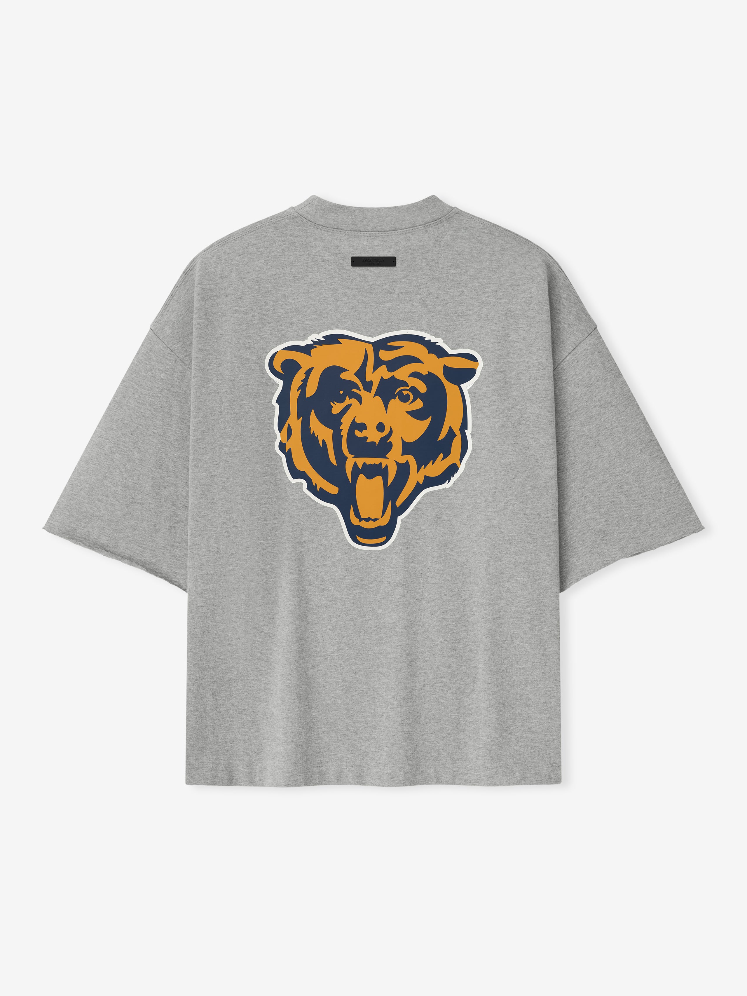 Back view of concrete heather Bears 90s 3/4 Sleeve Football Tee featuring large orange and navy roaring bear head graphic centered