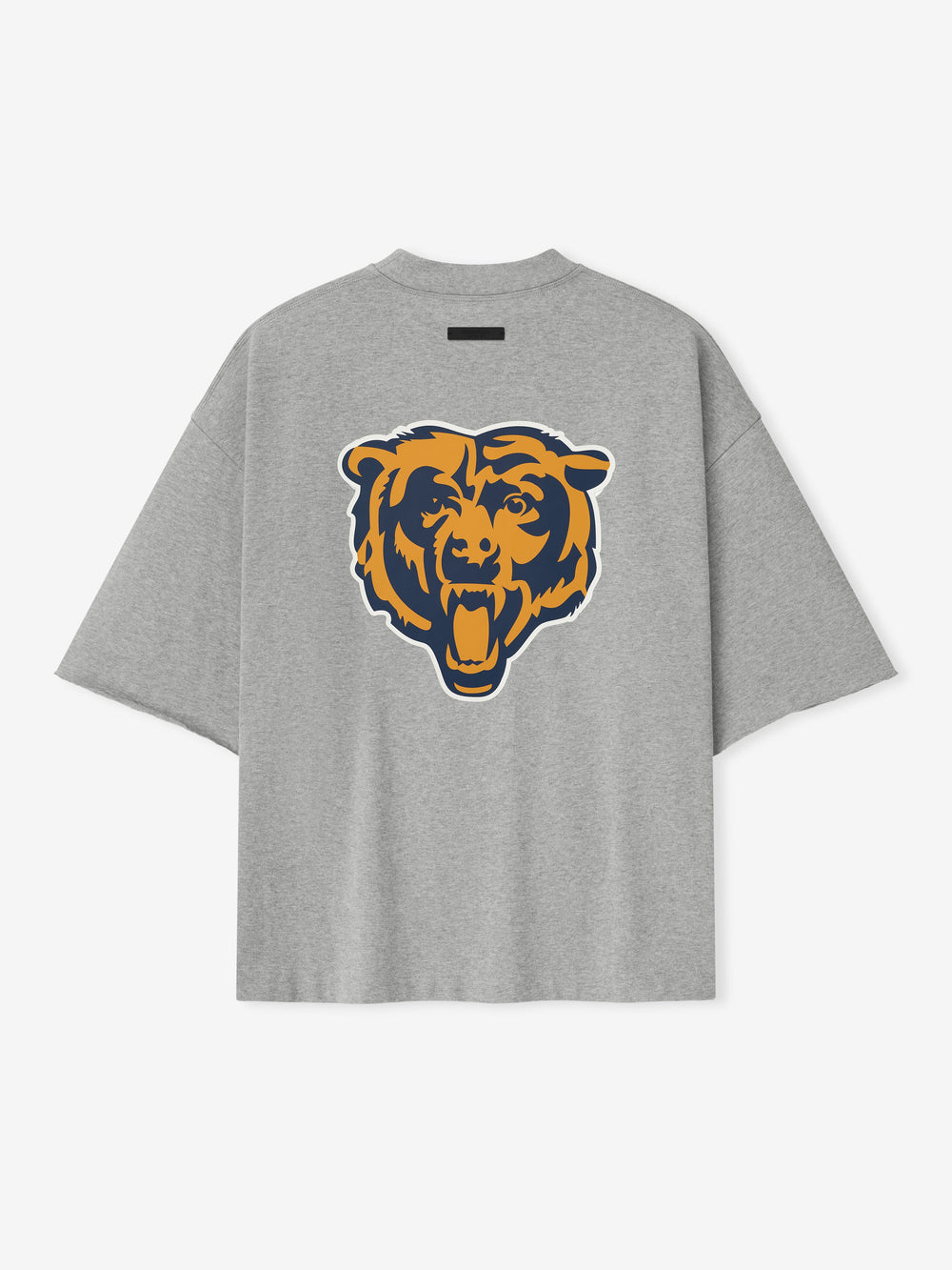 Back view of concrete heather Bears 90s 3/4 Sleeve Football Tee featuring large orange and navy roaring bear head graphic centered