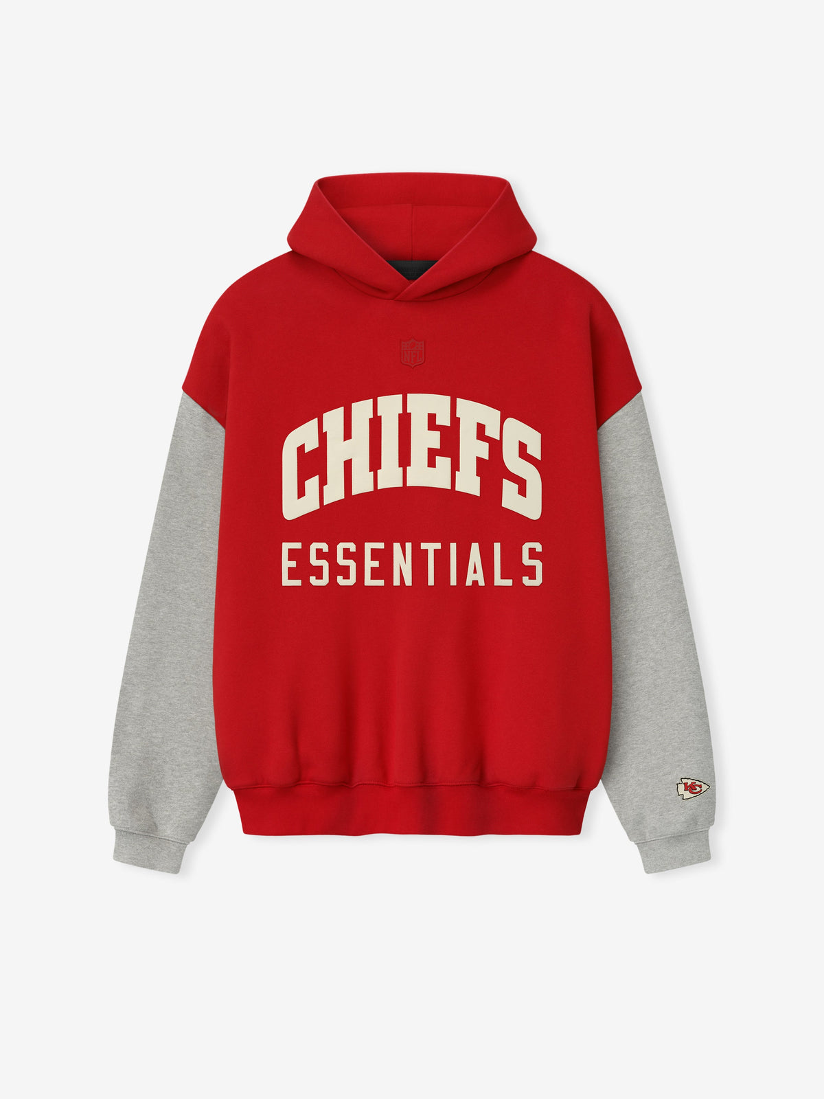 Front view of red Chiefs Sport Hoodie with grey sleeves and large cream Chiefs Essentials text on chest