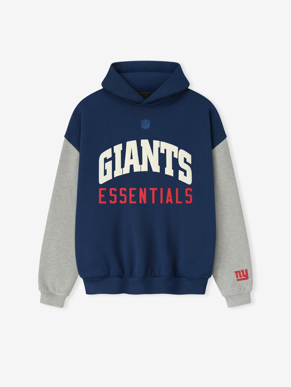 Front view of Giants Sport Hoodie in blue estate with concrete heather sleeves and red NY logo on cuff