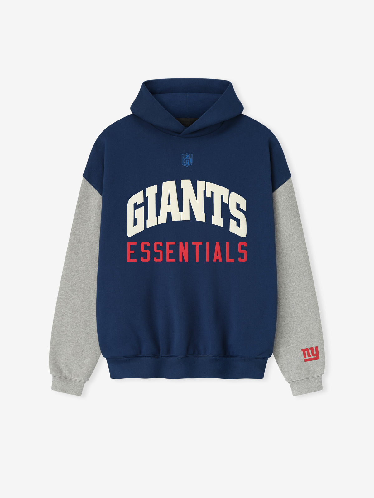 Front view of Giants Sport Hoodie in blue estate with concrete heather sleeves and red NY logo on cuff