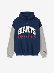 Front view of Giants Sport Hoodie in blue estate with concrete heather sleeves and red NY logo on cuff