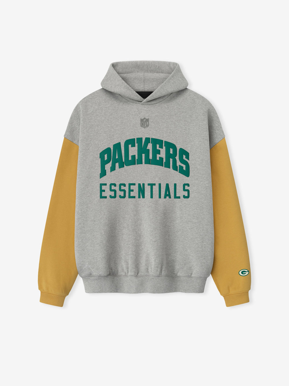 Front view of Packers Sport Hoodie in concrete heather with canyon sleeves and green Packers Essentials text on chest