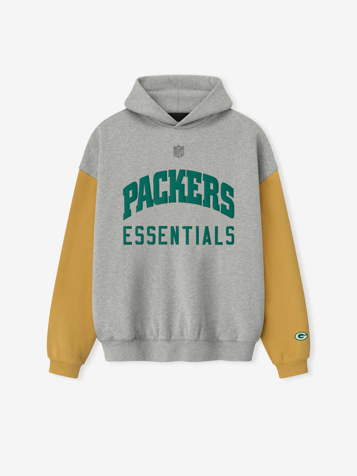 Front view of Packers Sport Hoodie in concrete heather with canyon sleeves and green Packers Essentials text on chest