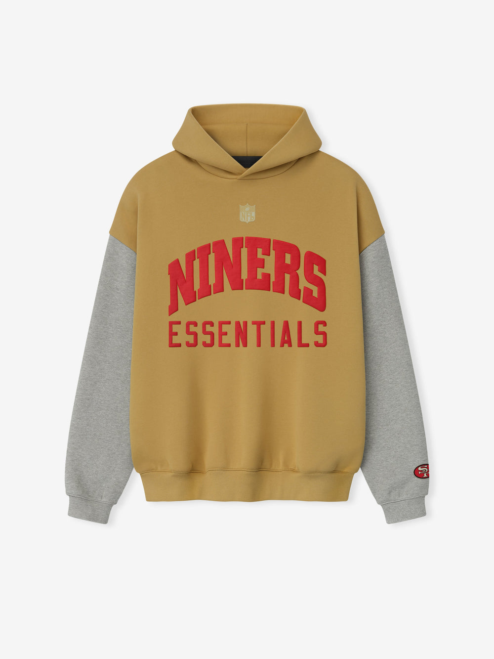 Front view of Forty Niners Sport Hoodie in prairie sand with gray sleeves and red Niners Essentials text on chest