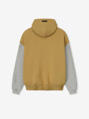 Back view of Forty Niners Sport Hoodie in prairie sand with contrasting gray sleeves on plain white background