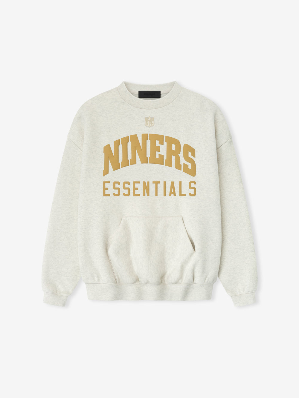 Front view of a light gray Forty Niners Sport Crewneck featuring large gold "NINERS" text arched above smaller "ESSENTIALS" lettering, with ribbed cuffs and a kangaroo pocket.