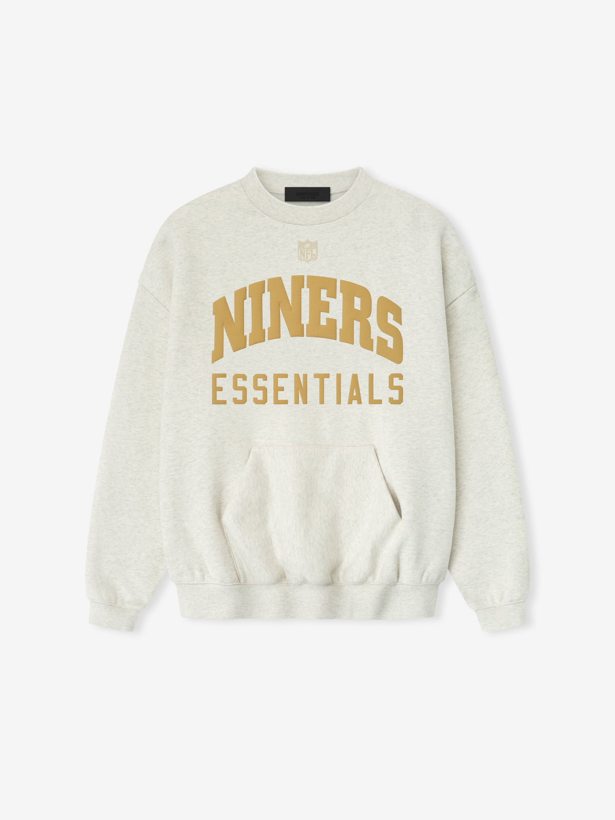 Front view of a light gray Forty Niners Sport Crewneck featuring large gold "NINERS" text arched above smaller "ESSENTIALS" lettering, with ribbed cuffs and a kangaroo pocket.
