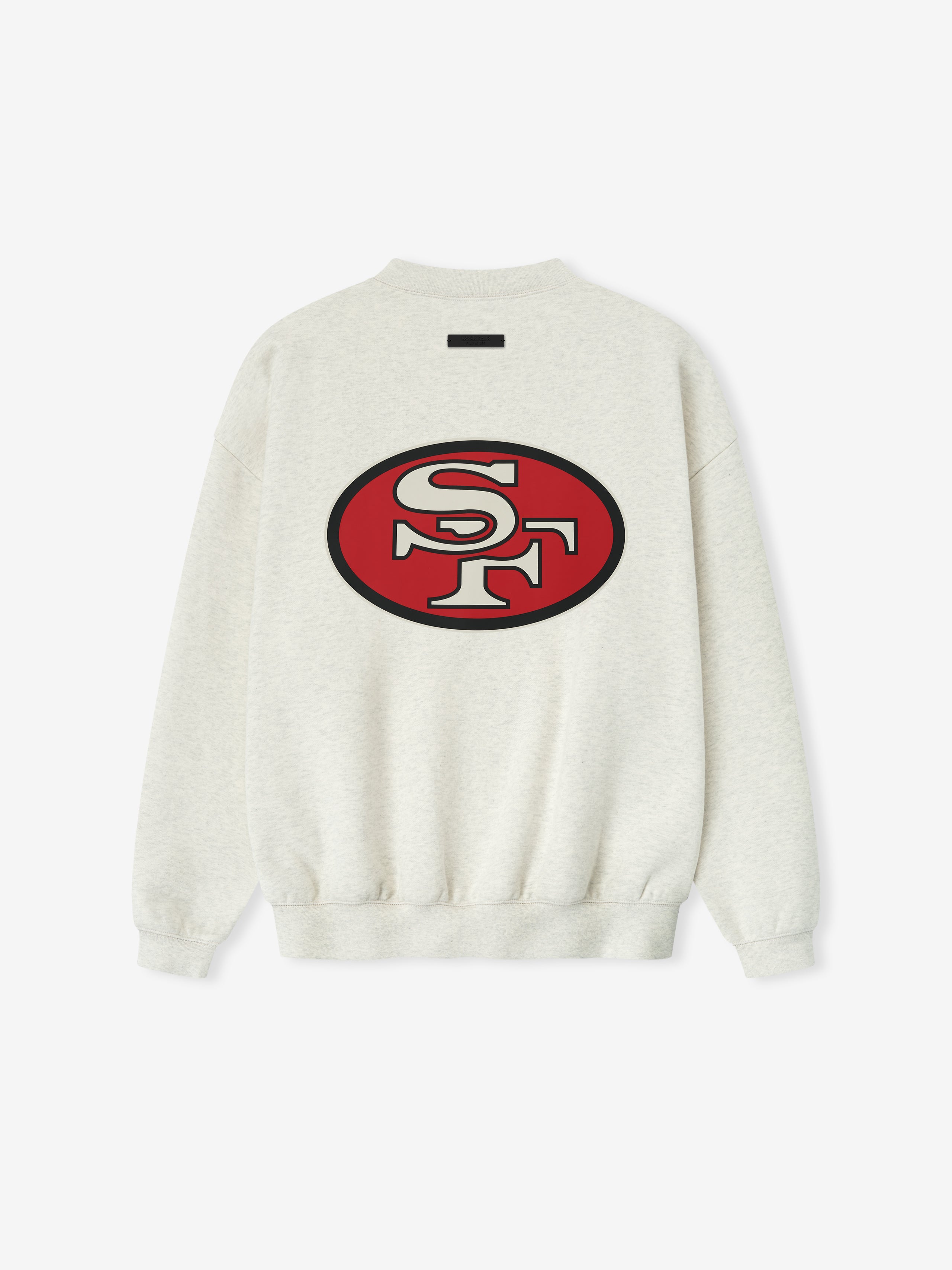 Back view of a light gray Forty Niners Sport Crewneck featuring a large red and black oval "SF" logo centered on the upper back, with ribbed cuffs and hem.