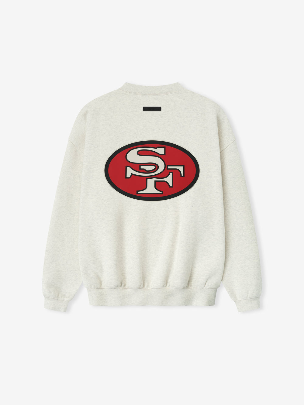 Back view of a light gray Forty Niners Sport Crewneck featuring a large red and black oval "SF" logo centered on the upper back, with ribbed cuffs and hem.